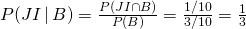 P(JI\,|\, B) = \frac{P(JI\cap B)}{P(B)} = \frac{1/10}{3/10} = \frac{1}{3}