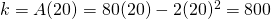 k=A(20)=80(20)-2(20)^2=800