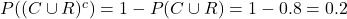 P((C\cup R)^c)=1-P(C\cup R)=1-0.8 =0.2