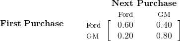 \begin{equation*} \mathbf{First\; Purchase\quad\quad} \begin{blockarray}{*{3}{c} l} \begin{block}{*{3}{>{$\footnotesize}c<{$}} l} & \BAmulticolumn{3}{c}{\textbf{Next Purchase}} & \\ & \quad Ford\quad\quad & \quad GM\quad\quad \\ \end{block} \begin{block}{>{$\footnotesize}l<{$}[*{3}{c}]} Ford & 0.60 & 0.40 \\ GM & 0.20 & 0.80 \\ \end{block} \end{blockarray} \end{equation*}