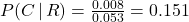 P(C\,|\, R) = \frac{0.008}{0.053} = 0.151