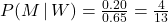 P(M\,|\, W) = \frac{0.20}{0.65} = \frac{4}{13}