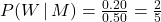 P(W\,|\, M) = \frac{0.20}{0.50} =\frac{2}{5}