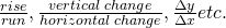 \frac{rise}{run},\frac{vertical\;change}{horizontal\;change},\frac{\Delta y}{\Delta x}etc.