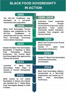 Timeline titled “Black Food Sovereignty in Action,” showing initiatives and conferences from 1995 to 2025, including the Afri-Can FoodBasket, Black Food Sovereignty Toronto, and Black Food Sovereignty Alliance.