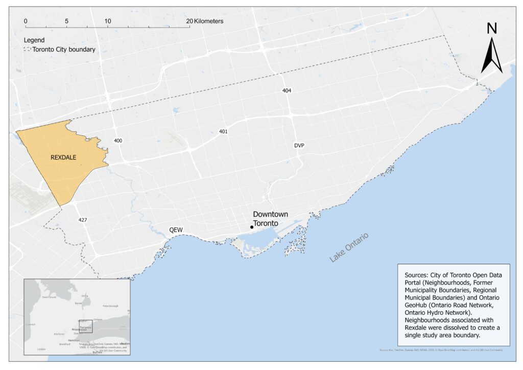 Map highlighting Rexdale in northwest Toronto.