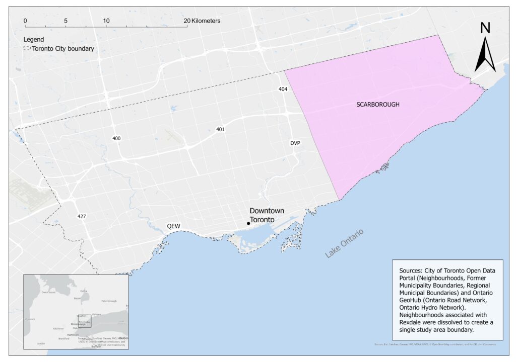 Map highlighting Scarborough in eastern Toronto along Lake Ontario.