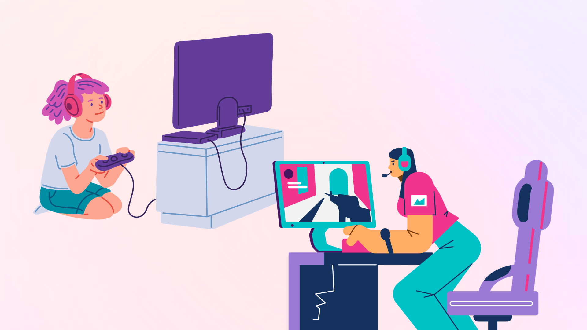 Two women playing online video games are pictured; on the left is a console gamer, on the right is a PC gamer.