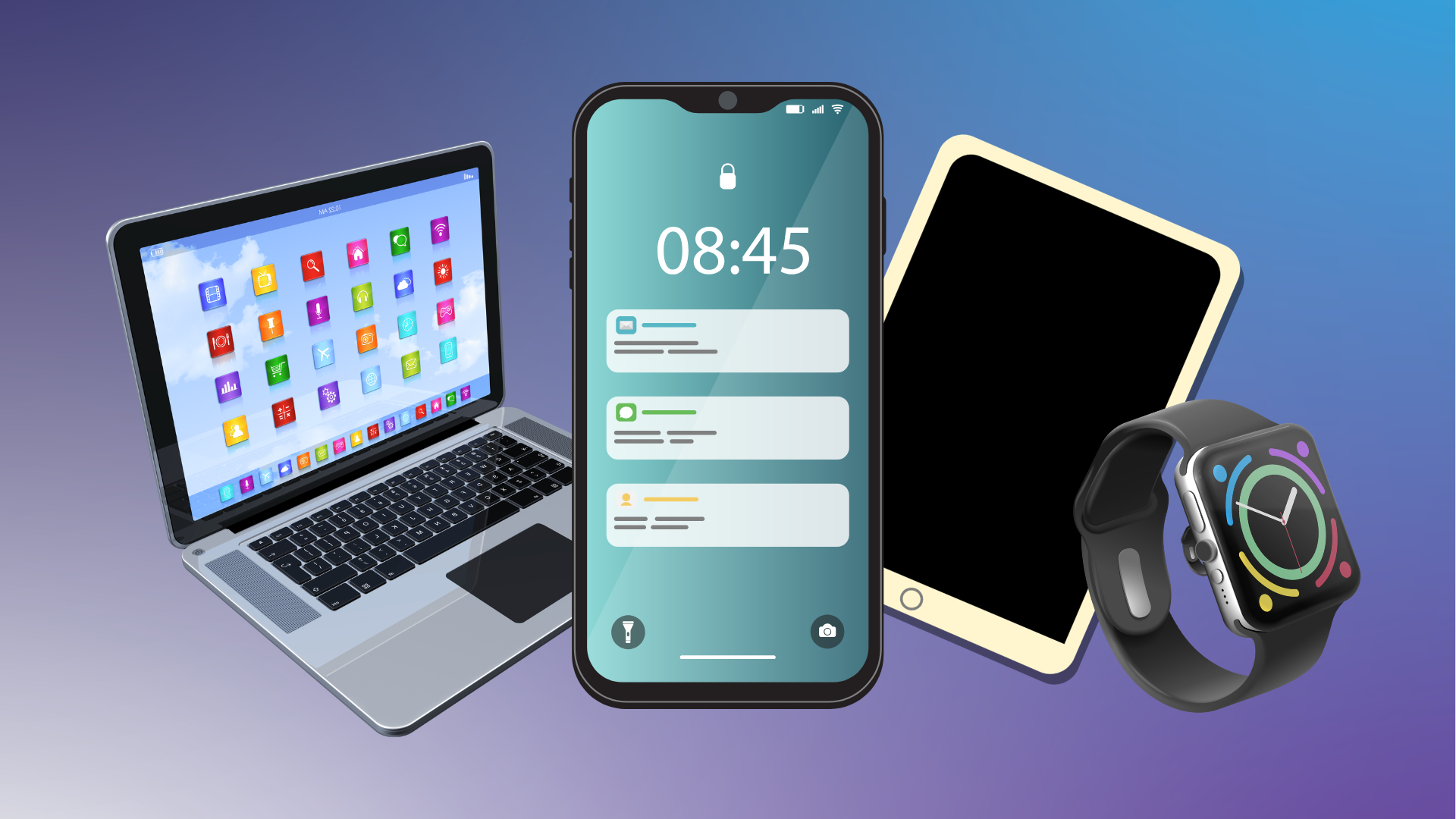 Different forms of digital mobile technology from left to right: laptop, mobile phone, tablet, and a smart watch.