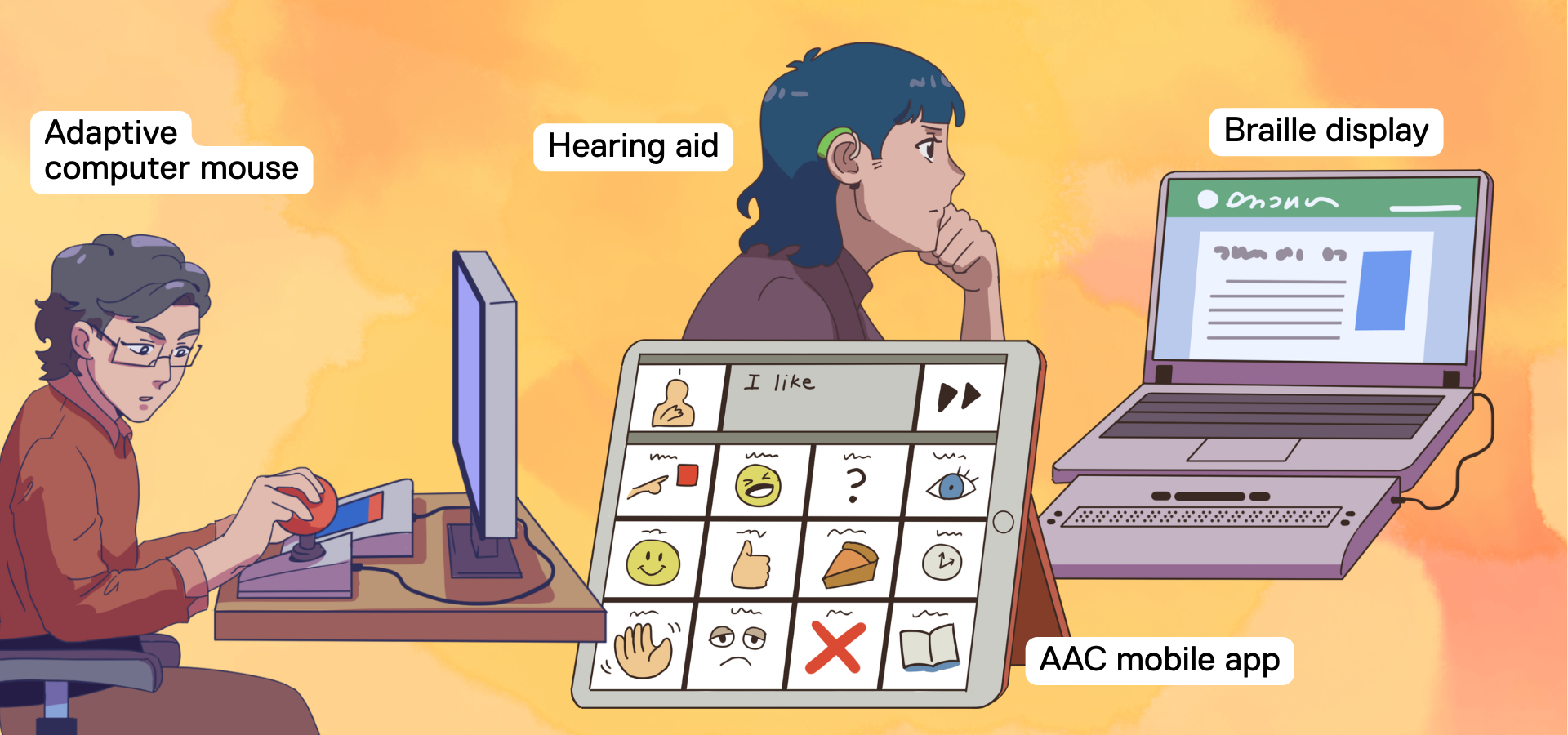 From left to right: a person using an adaptive computer mouse, a person wearing a hearing aid, an Augmented Alternative Communication mobile app on a digital tablet, and a braille display screen-reader connected to a laptop.