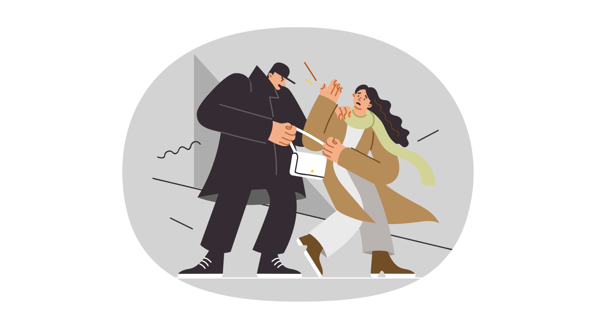 A man wearing all black clothing, attempting to steal the purse of a woman with brown hair. The woman is afraid. The man is angry.