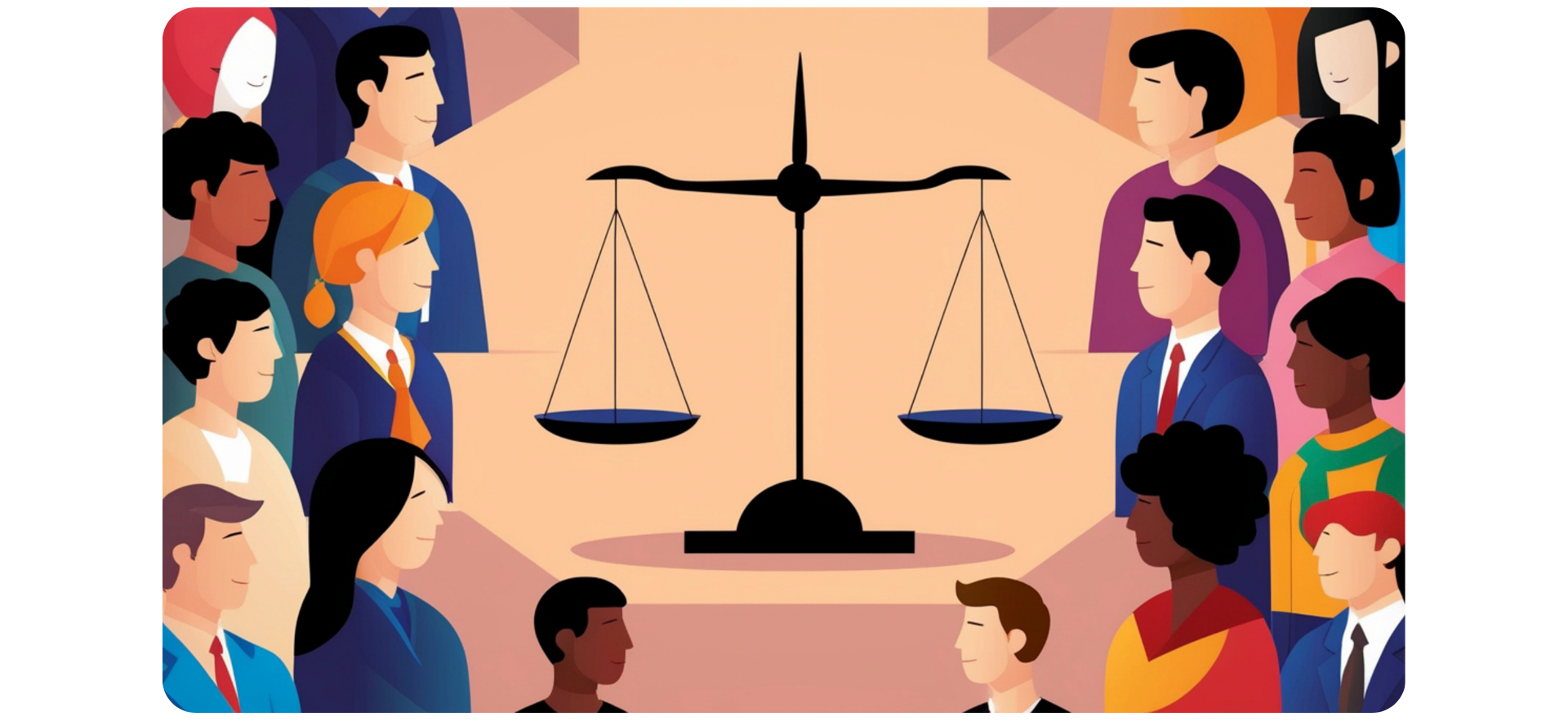 A diverse group of people stand together around a large balanced scale. The scale sits at the center and represents fairness and justice.