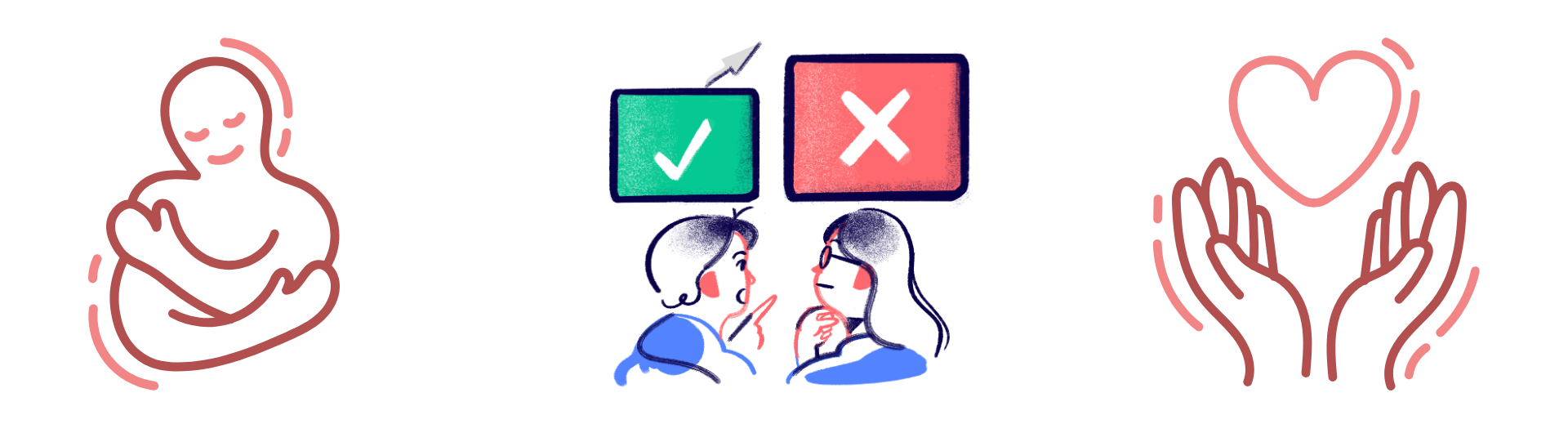 Three simple illustrations are present. On the left, a person hugs themselves with a calm expression, showing self‑respect and personal choice. In the center, two people talk while a green checkmark and a red X float above them, representing decision making and choosing what feels safe. On the right, two open hands lift a heart, symbolizing care, support, and the right to be treated with respect.
