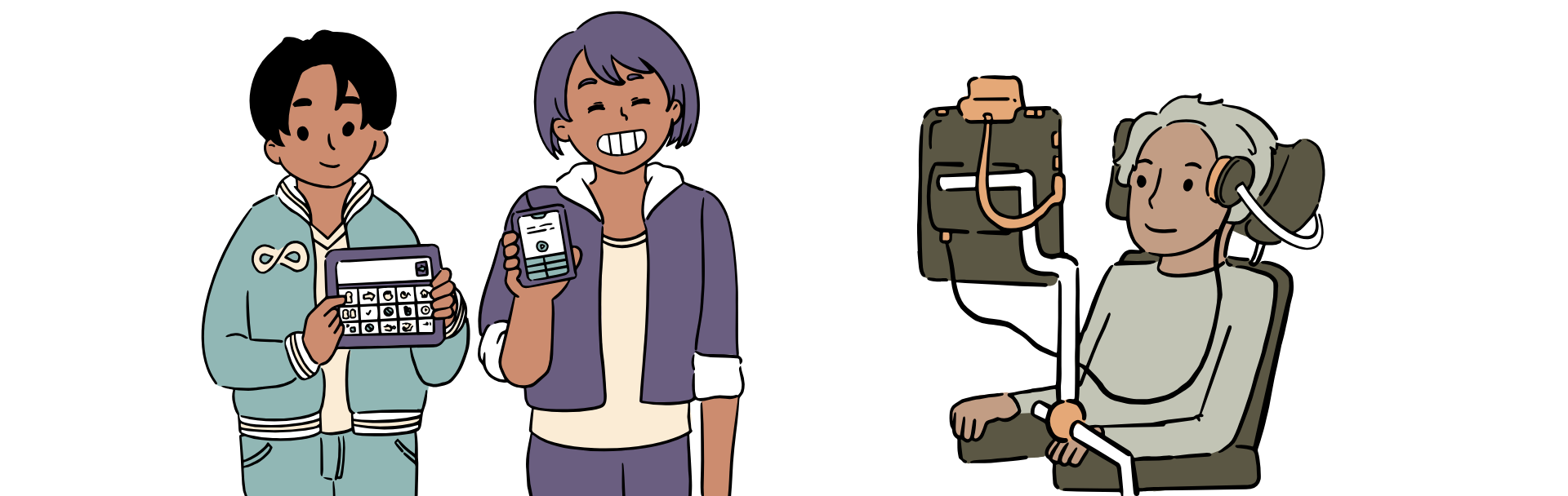 Three people use different digital devices in their daily lives. Two adults stand together, one holding a tablet with alternative communication icons and the other using a smartphone. Nearby, an older person sits in a supportive chair, wearing operating an assistive communication screen that is attached to their wheelchair.