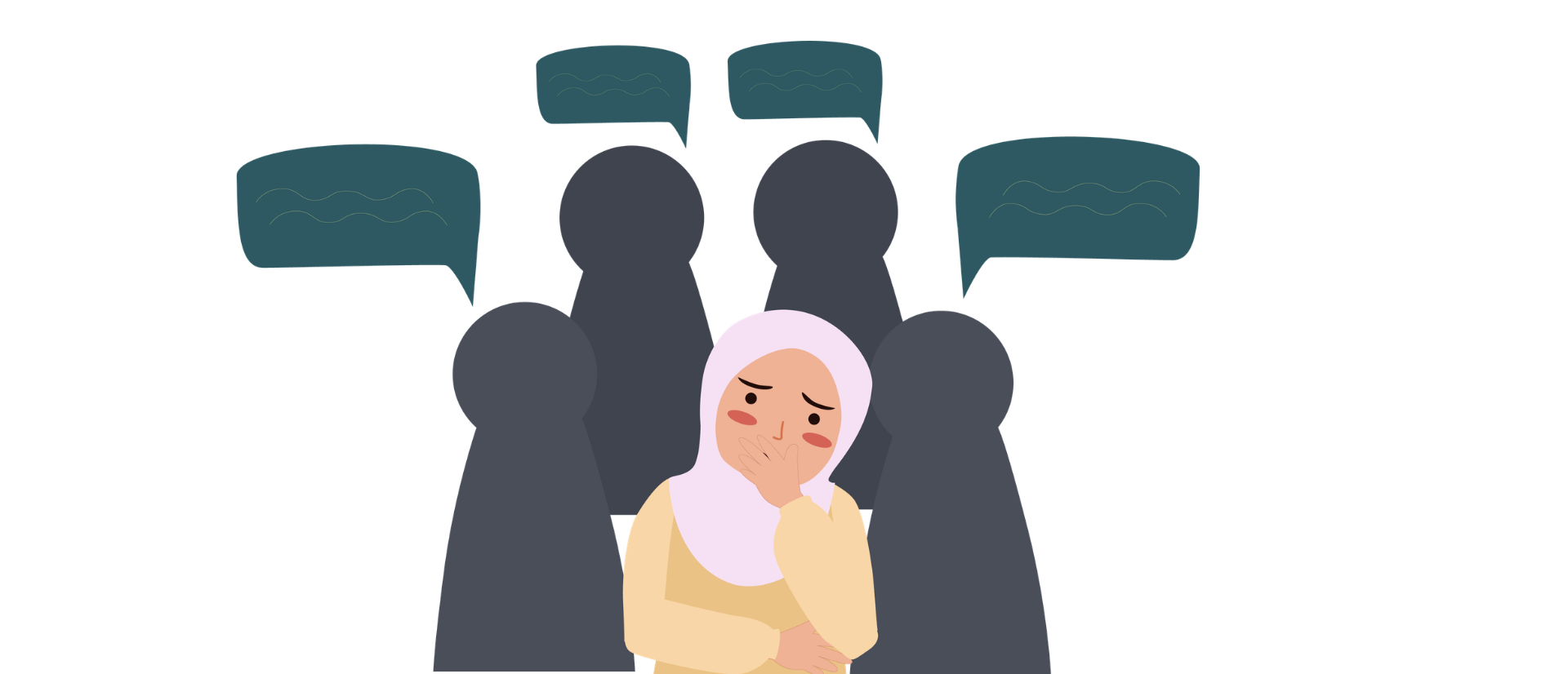 A woman (light skin, wearing a pink hijab) is surrounded by others who are talking amongst themselves, without speaking to her. She looks concerned.