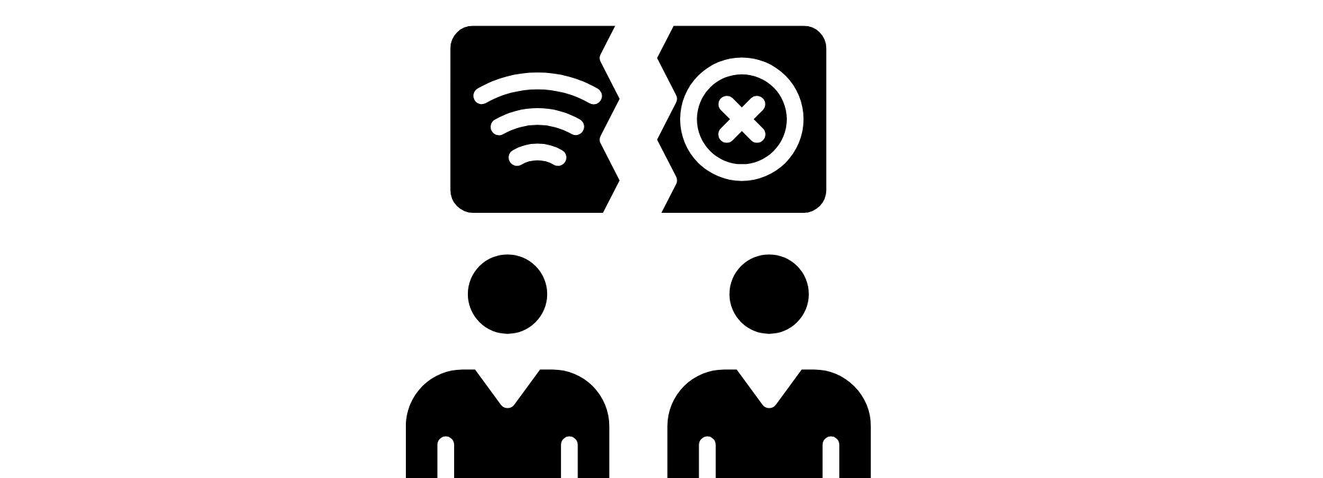 Two figures stand side by side, one marked with a Wi‑Fi symbol and the other with an X, separated by a jagged line to show unequal access to connectivity and the divide it creates.