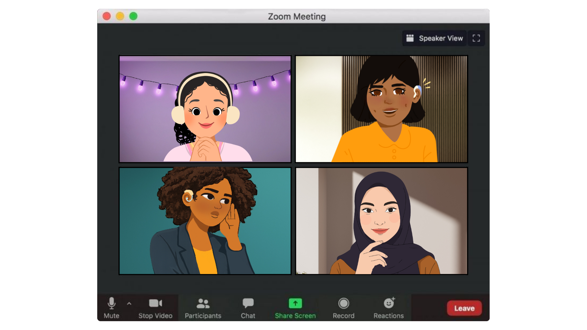 A screenshot of a Zoom meeting with four participants talking amongst themselves.