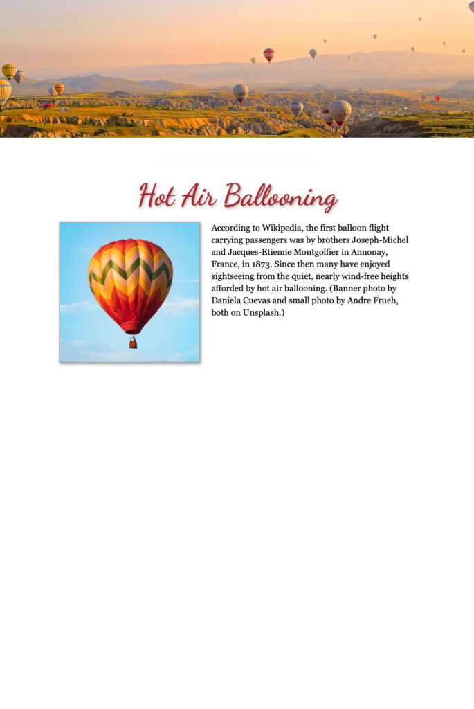 Simple html web page that includes a banner image across the top, title, photo with text wrap, and text.