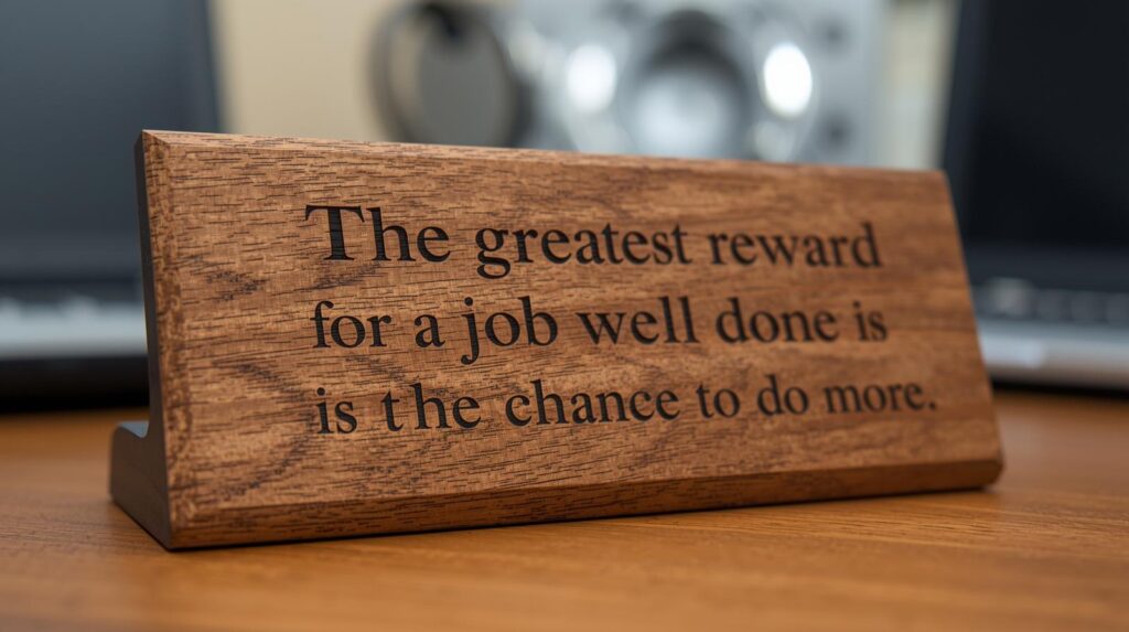 Desk sign, "The greatest reward for a job well done is the chance to do more."
