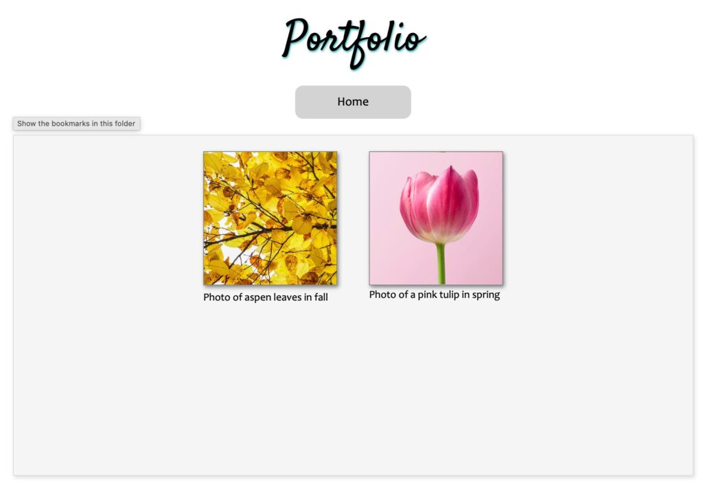 Sample portfolio page with thumbnail images and captions.